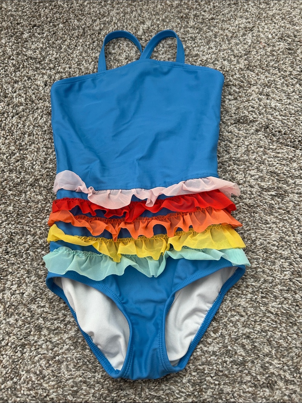 Girls' Blue Ruffle One-Piece Swimsuit with Rainbow Ruffles